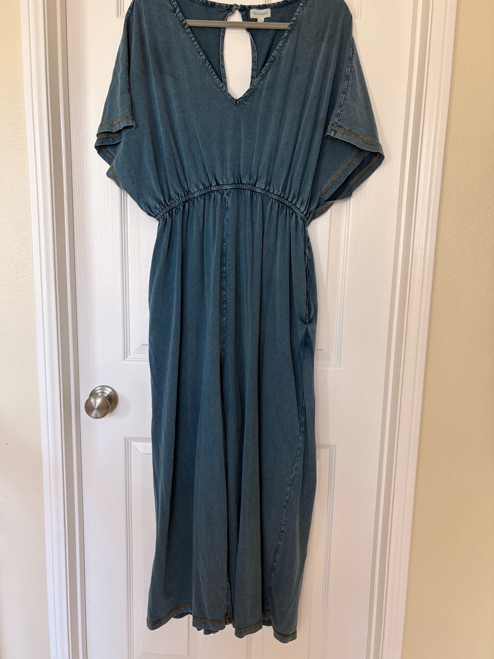 World Market Blue Chambray V Neck Wide Leg Jumpsuit L M Kimono Sleeve